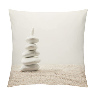 Personality  Close Up View Of Arranged White Sea Stones On Sand On Grey Background Pillow Covers