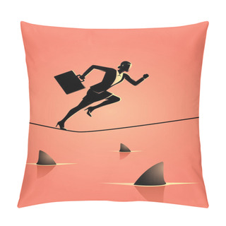 Personality  Businesswoman Running On Rope With Sharks Underneath Pillow Covers