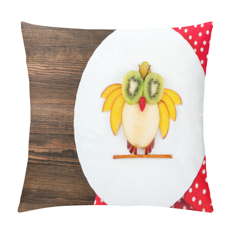 Personality  Funny fruits owl for kids breakfast on wooden background. Healthy snacks pillow covers