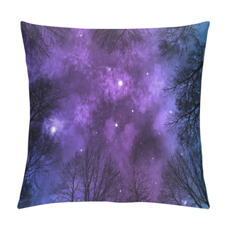 Personality  Low Angle View Of Bright Colorful Nebula On Starry Night Sky, View Trough Trees Pillow Covers