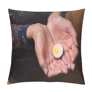 Personality  Praying With Candle. Candle In Hands. Females Hands With Can Woman Against Abortion. Tea Candle In Hands Of Woman. Mercy Background. Sorrow For Deliberate Termination Of A Human Pregnancy. Pillow Covers