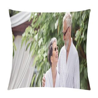 Personality  Cheerful Mature Man With Tattoo Hugging Wife In Sunglasses And Robe, Summer Garden, Banner Pillow Covers