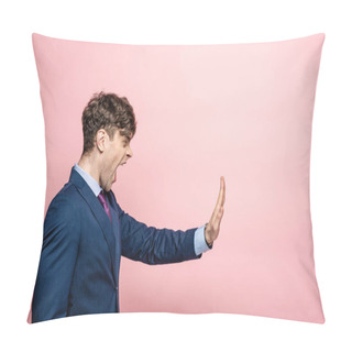 Personality  Angry Businessman Quarreling And Showing Stop Gesture On Pink Background Pillow Covers