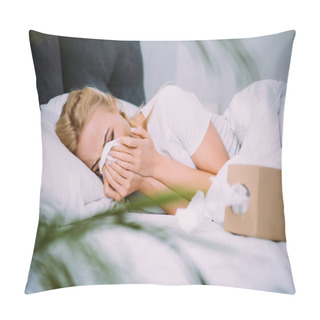 Personality  Selective Focus Of Woman Wiping Tears And Crying While Lying In Bed At Home  Pillow Covers