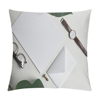 Personality  Stationery Template With Watch And Glasses On White Marble Background With Monstera Leaves Pillow Covers