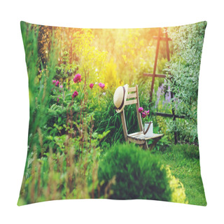 Personality  Beautiful Blooming Summer Private Garden With Wooden Chair, Gardener Hat And Watering Can Pillow Covers