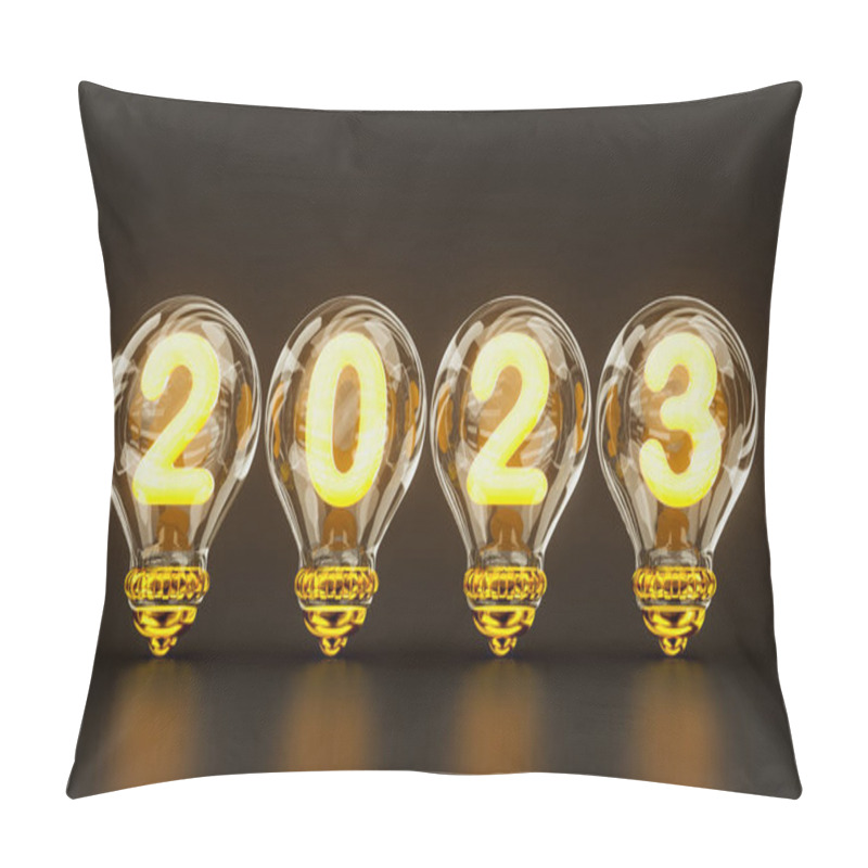Personality  happy new year 2023 glowing light bulb on dark background neon shine festival holiday 3d render   pillow covers