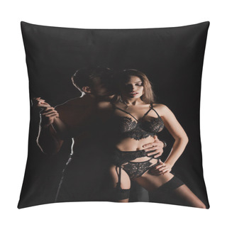 Personality  Muscular Man Kissing Seductive Woman In Underwear Isolated On Black  Pillow Covers