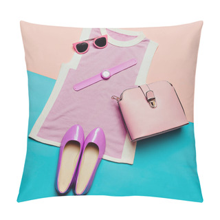 Personality  Pink Clothes And Accessories. Top View. Top, Shoes, Watches And  Pillow Covers