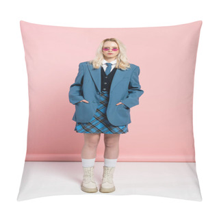 Personality  Full Length Of Blonde Woman In Blue Blazer And Plaid Skirt Standing With Hands In Pockets On Pink Pillow Covers