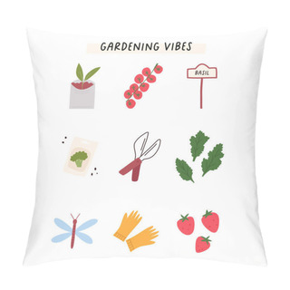 Personality  Gardening Vibes Card With Garden Elements, Cartoon Flat Vector Illustration Isolated On White Background. Spring And Summer Seasons. Cute Hand Drawn Tomatoes, Strawberries, Gloves, Dragonfly. Pillow Covers