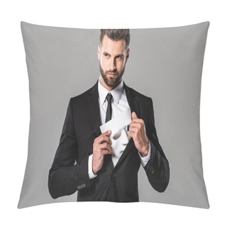 Personality  Sly Businessman In Black Suit Hiding White Mask Isolated On Grey Pillow Covers