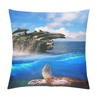 Personality  Turtle In Deep Sea Dolphin Junping And Sea Gull Flying Above Use Pillow Covers