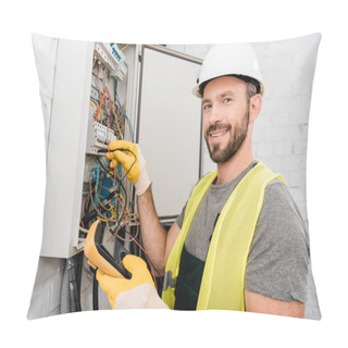 Personality  Smiling Handsome Electrician Checking Electrical Box With Multimetr In Corridor And Looking At Camera Pillow Covers