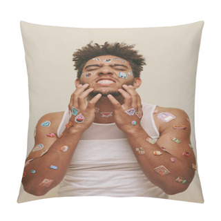 Personality  Emotional African American Man With Stickers On Face Scratching Beard On Grey Background, Hipster Pillow Covers