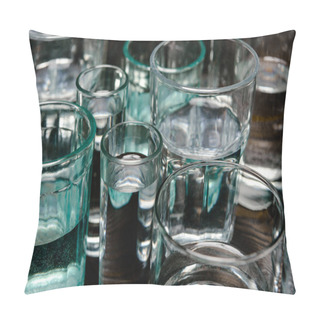 Personality  Close Up View Of Different Sized Glasses With Water On Wooden Table Pillow Covers