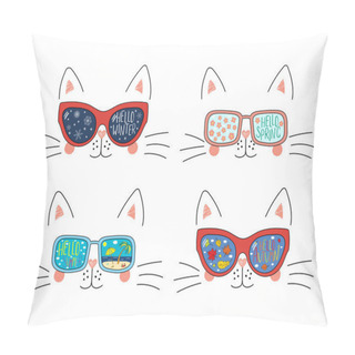 Personality  Set Of Hand Drawn Of Sunglasses With Summer, Autumn, Winter, Spring Symbols Reflected Pillow Covers