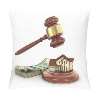 Personality  House Auction Concept. 3d Illustration Of Wooden Gavel With Hous Pillow Covers