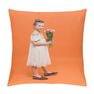 Personality  Summer Dress, Preteen Girl In White Sun Dress Holding Pink Tulips On Orange Background, Fashion And Style Concept, Bouquet Of Flowers, Fashionable Kid, Vibrant Colors, Summer Dress, Full Length  Pillow Covers