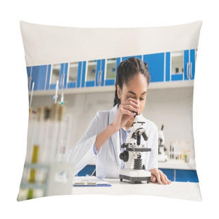 Personality  Technician Using Microscope In Laboratory Pillow Covers