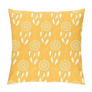 Personality  Seamless Background Of White Feathers And Dream Catchers On A Colored Background. Pattern. Pillow Covers
