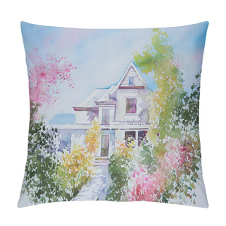 Personality  Watercolor Painting Of A House And Beautiful Flower Garden Pillow Covers
