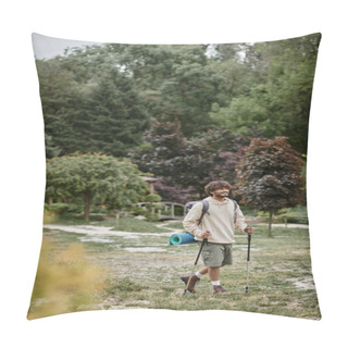 Personality  Cheerful Indian Backpacker Holding Trekking Poles On Path In Forest, Travel And Adventure Concept Pillow Covers