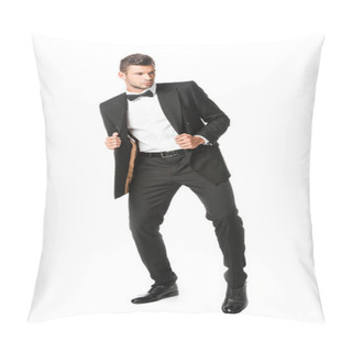 Personality  Handsome Young Man Posing In Black Suit Isolated On White Pillow Covers