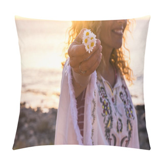 Personality  Cheerful Happy Free Caucasian Middle Age Woman In Hippy Fashion Clothes Take A Beautiful Daisy Flowers Pillow Covers