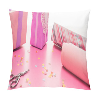 Personality  Valentines Confetti, Scissors, Wrapping Paper, Gift Boxes On Pink Surface Isolated On White, Panoramic Shot Pillow Covers
