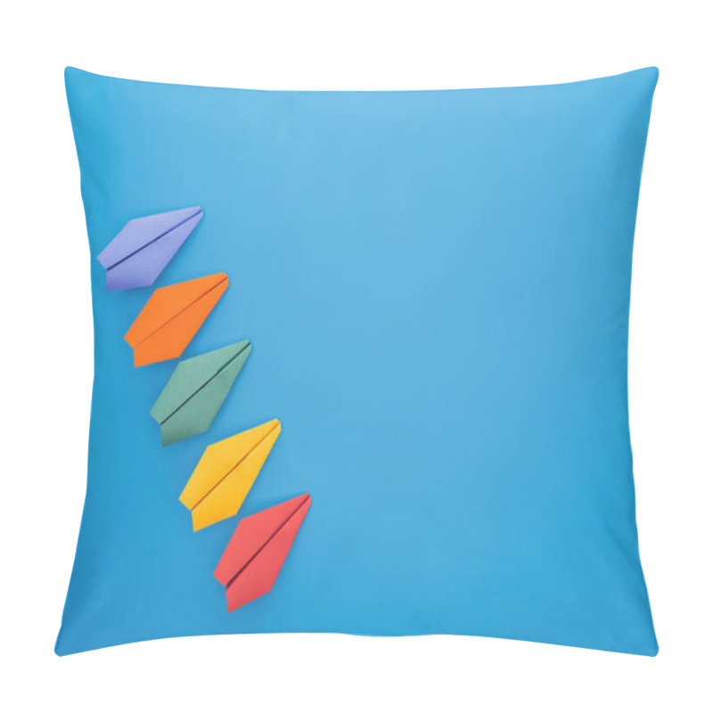 Personality  Flat Lay With Colorful Paper Planes On Blue Surface Pillow Covers