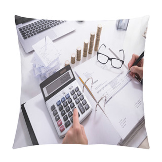 Personality  Stacked Coins And Laptop In Front Of Businesswoman Calculating Invoice Using Calculator In Office Pillow Covers