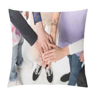 Personality  Top View Of Cropped Lgbtq Community People Joining Hands On White Background Pillow Covers