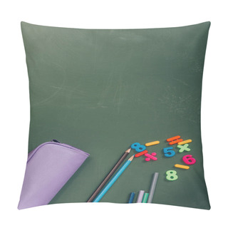 Personality  Top View Of Pencil Case, Color Pencils And Magnets On Green Chalkboard Pillow Covers