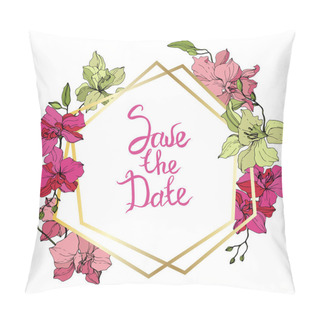 Personality  Beautiful Orchid Flowers. Pink And Yellow Engraved Ink Art. Frame Golden Crystal. Save The Date Handwriting Monogram Calligraphy. Pillow Covers