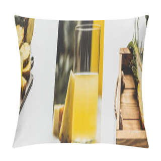 Personality  Collage Of Fresh Pineapple Juice And Cut Delicious Fruit In Tray On White Background, Panoramic Orientation Pillow Covers