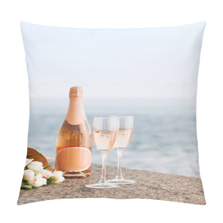 Personality  Close-up View Of Beautiful Bouquet Of Flowers And Champagne In Glasses And Bottle On Embankment Pillow Covers