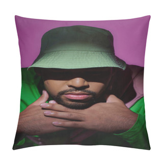 Personality  Close Up Young Bearded Man In Green Sweatshirt And Panama Putting His Head On Hands, Fashion Concept Pillow Covers