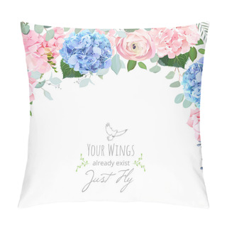 Personality  Blue And Pink Hydrangea, Rose, Ranunculus, Carnation Flowers Pillow Covers