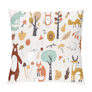 Personality  Cute Autumn Woodland Animals And Floral Forest Design Elements. Set Of Cute Autumn Cartoon Characters, Plants And Food. Fall Season. Pillow Covers