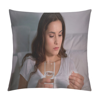 Personality  Woman With Pill And Glass Of Water In Bed At Home Pillow Covers