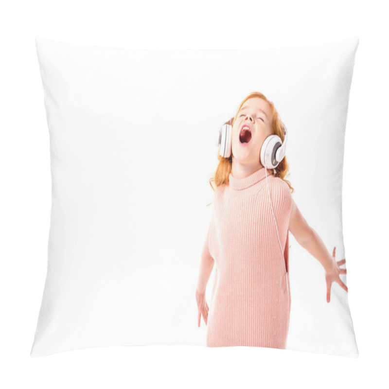 Personality  red hair kid in headphones screaming and dancing isolated on white pillow covers