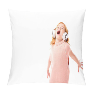 Personality  Red Hair Kid In Headphones Screaming And Dancing Isolated On White Pillow Covers