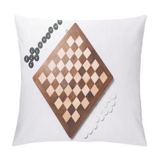Personality  Top View Of Wooden Chessboard And Checkers On White Background  Pillow Covers