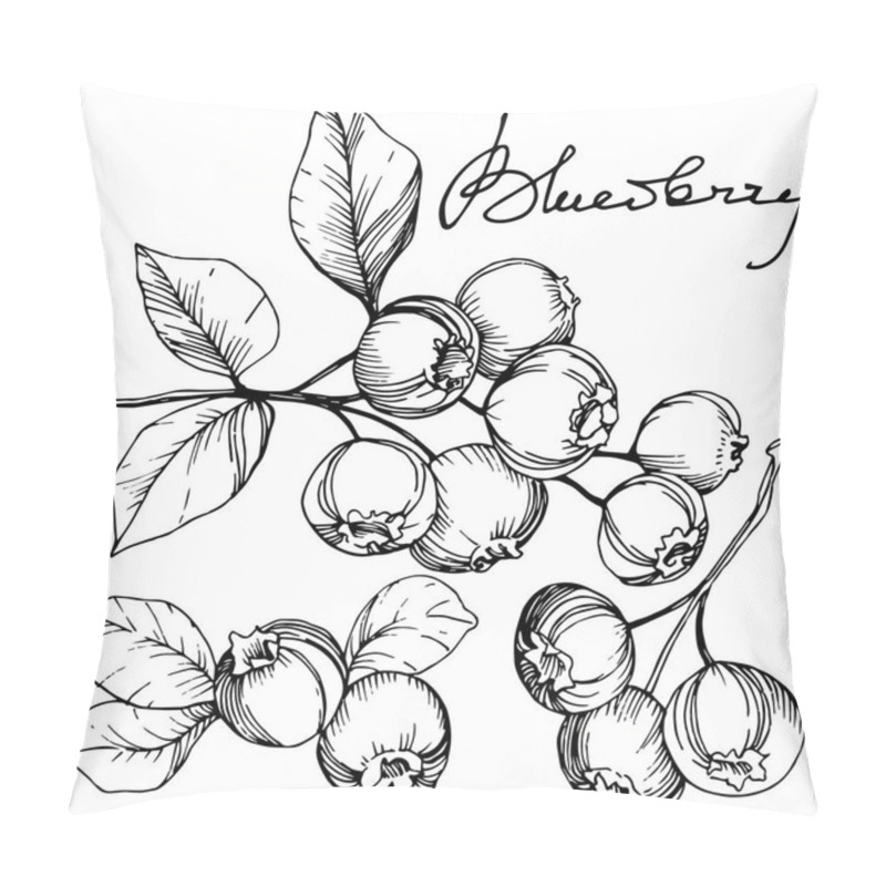 Personality  Vector Blueberry Black And White Engraved Ink Art. Berries And Leaves. Isolated Blueberry Illustration Element. Pillow Covers