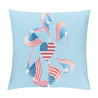 Personality  Top View Of American Flags In Circle With Heart On Blue Background Pillow Covers