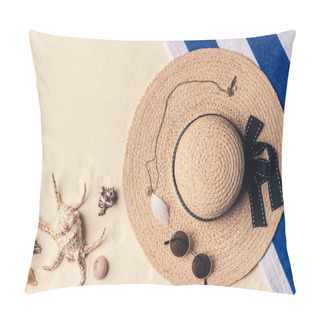 Personality  Straw Hat With Sunglasses And Seashells On Sandy Beach Pillow Covers