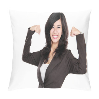 Personality  Excited Businesswoman Raised Her Hands Showing Strong Concept Pillow Covers