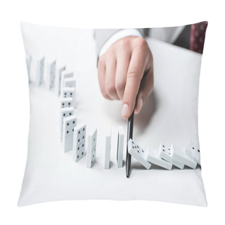 Personality  Close Up View Of Man Preventing Dominoes From Falling With Pen  Pillow Covers