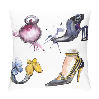 Personality  Shoes, Ring And Perfume Sketch Fashion Glamour Illustration In A Watercolor Style Isolated Element. Clothes Accessories Set Trendy Vogue Outfit. Watercolour Background Illustration Set. Pillow Covers